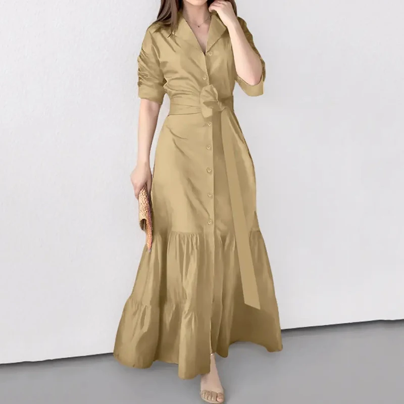 봄 여름 신상 여성용 롱 솔리드 컬러 셔츠 드레스 다용도 우아한 브이넥 레이스업 허리 조임 단추형 드레스