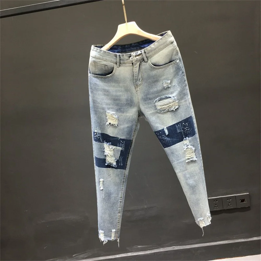 Jean Homme et Femme Taille Haute en Denim, Pantalon Sarouel Droit, Longueur Rinse, Été 2022