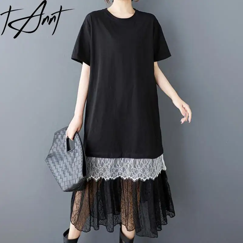 Tannt femmes robe dentelle maille Patchwork mode t-shirt robes pour femmes 2025 nouvel été ample longues robes décontractées couleur correspondant