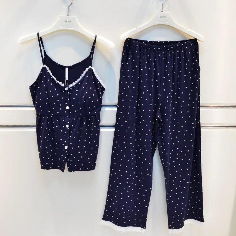 anzhan-summer-women's-pure-cotton-knitted-cool-breathable-strap-long-pants-home-clothes-with-chest-pad-comfortable-sleepwear