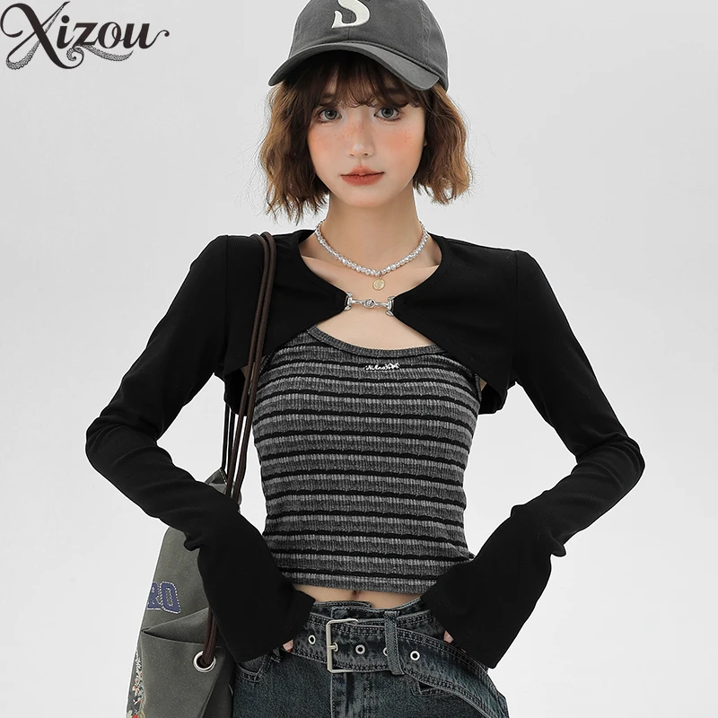 

Женский комплект топов, американский, французский, корейский, ретро, сладкий, пряный, полосатый, двухсекционный жилет, шаль с длинными рукавами, осенний тонкий облегающий крой