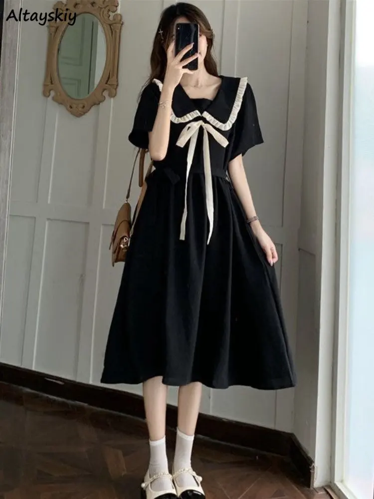 

Dress Women Peter Pan Collar Elegant Midi Summer Sweetheart French Style Panelled All-match Vacation Young Casual Harajuku Daily