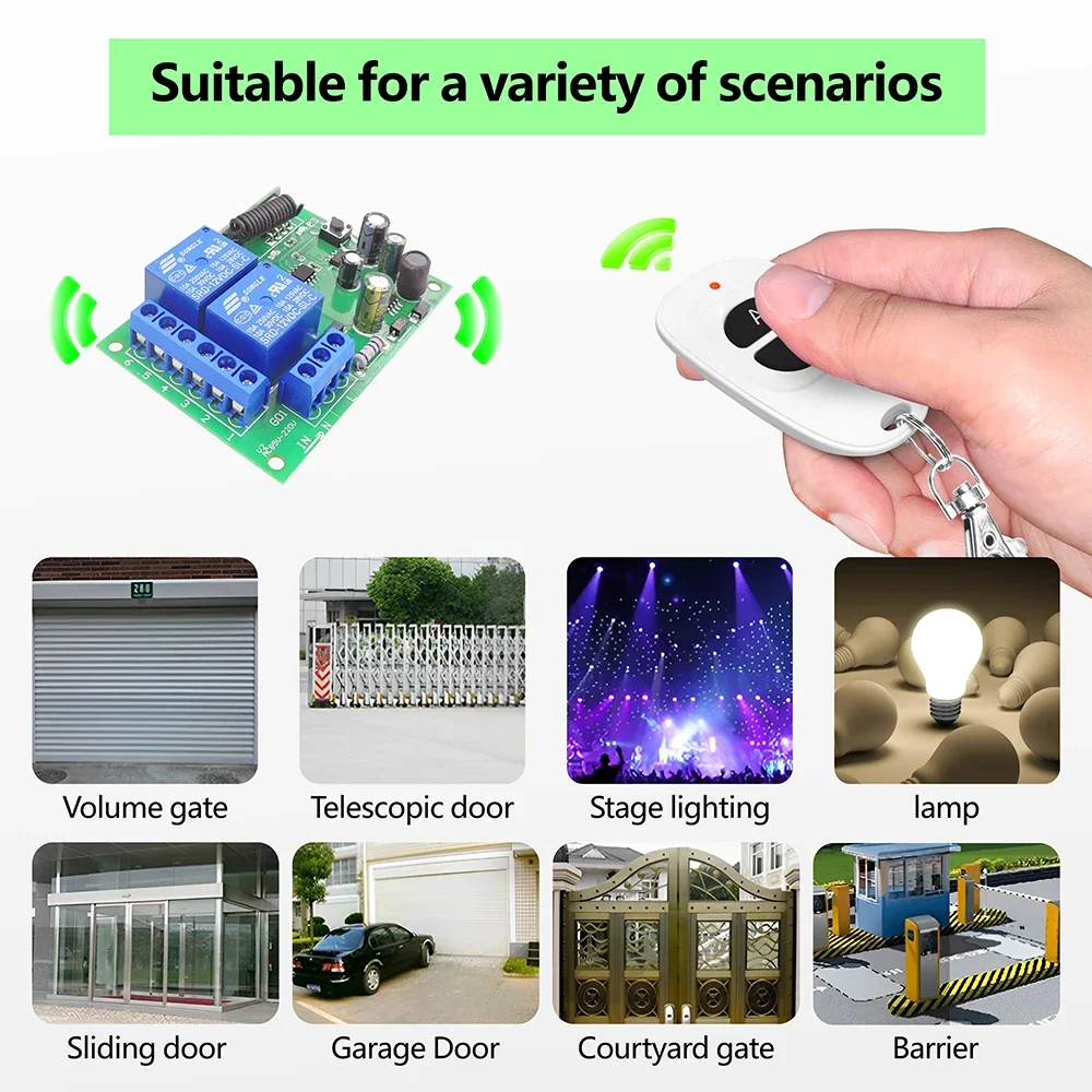 433MHz AC 110V 220V Universal Wireless Remote Control Switch 2CH RF Receiver,50m Transmitter,for Light/Garage Gate/Crane DIY