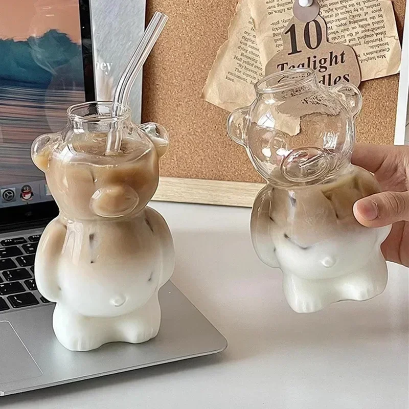 Kaffeetasse in Cartoon-Bär-Form, niedliche Bären-Tasse, Glastasse mit Strohhalm, Glastasse, Geburtstag, Weihnachten, Geschenke für Frauen, Kinder, Freunde