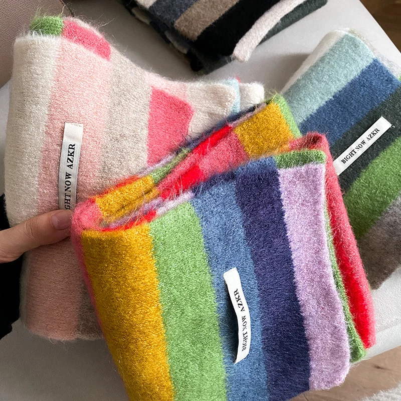 Rainbow Stripes Mohair Scarf Men And Women In Winter Colour Blocking Stripes Wool Short Scarf Students Warm Short Scarf