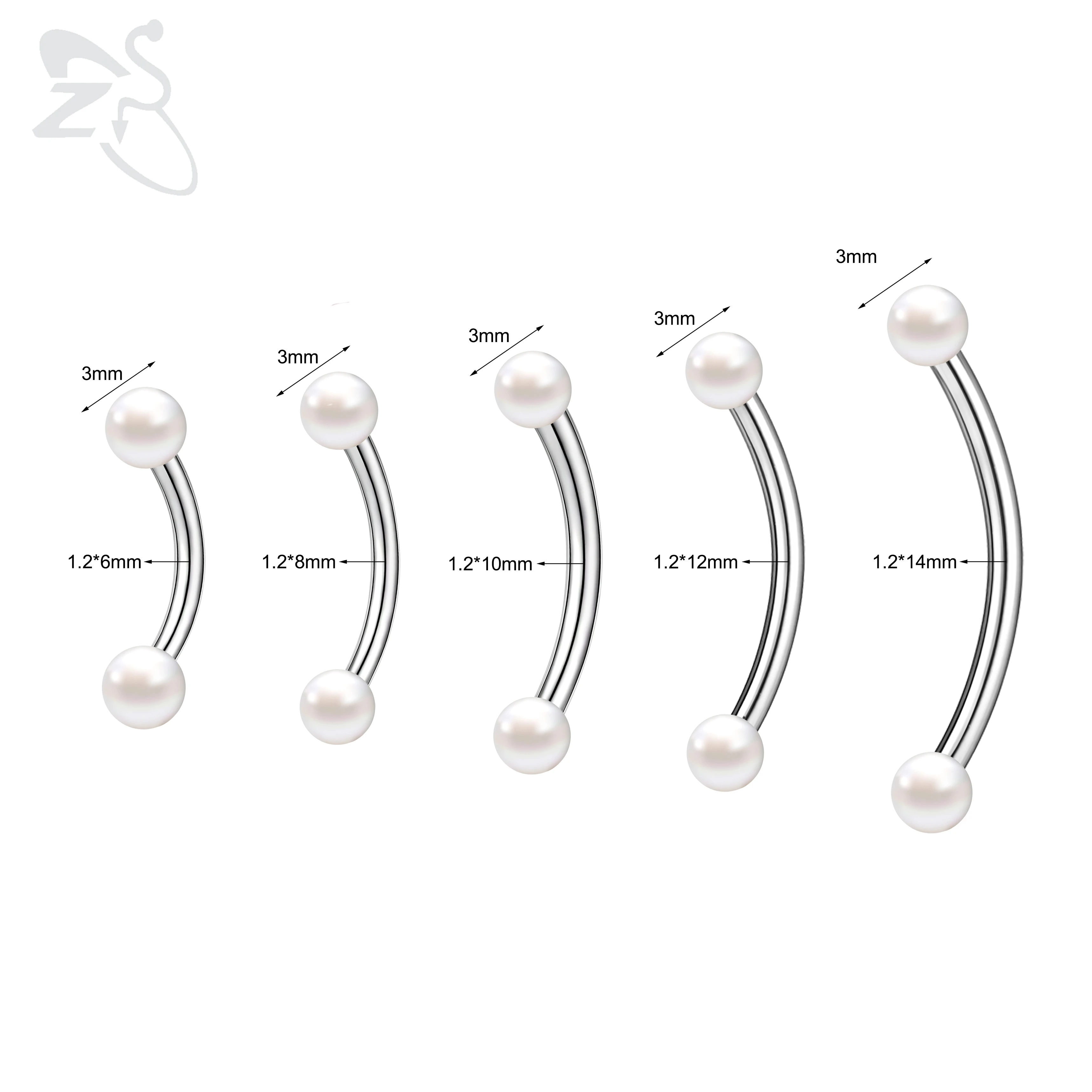 ZS 1PC 16G Stainless Steel Eyebrow Ring Pearl Bridge Piercing Curved Barbell Cartilage Earring Jewelry 6mm/8mm/10mm/12mm/14mm