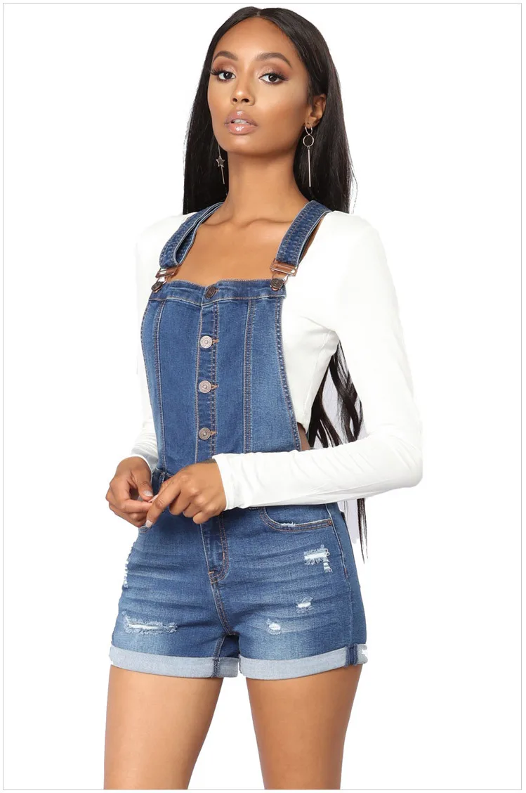 Overall Denim pendek wanita, Jumpsuit pendek Denim pinggang tinggi kasual Jeans bermain tali Salopette dicuci Musim Panas 2024