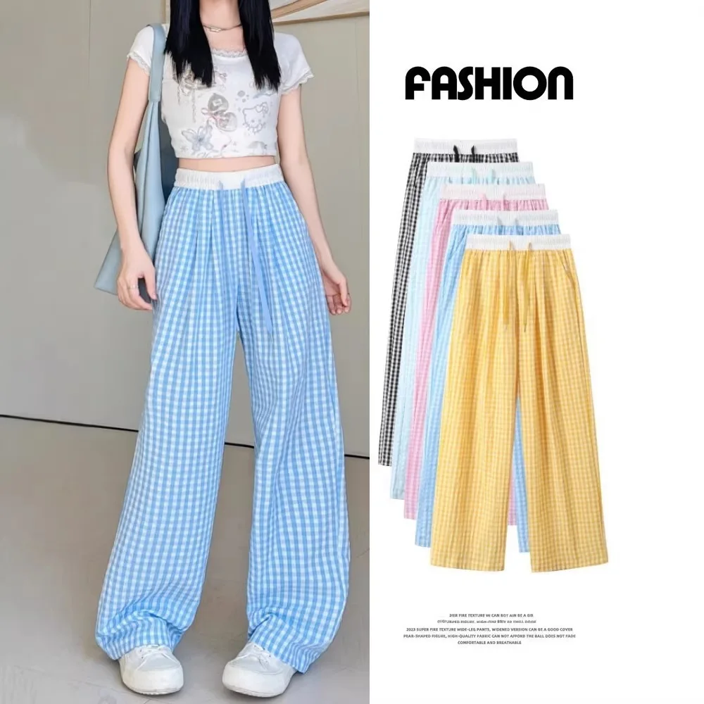 Checkered Pants for Women Summer Thin Ice Silk Wide Leg Pants with A Hanging Feel Plaid Dopamine Pants Casual Straight Leg Pants