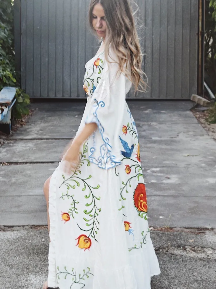 Floral Embroidered Women Maxi Dress Oversize V-Neck Batwing Sleeve Summer Dresses Drawstring Waist Boho Beach Vestidos 2025