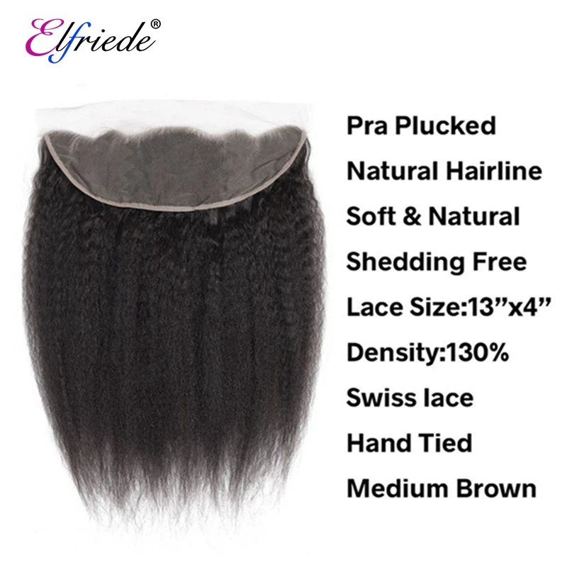 Elfriede-Mèches Crépues Lisses Noires Naturelles, 100% Cheveux Humains, avec Dentelle Transparente 13x4, 3 Lots