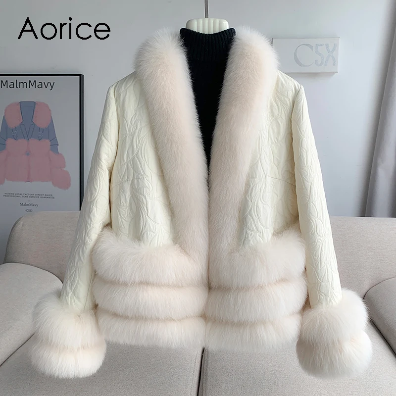 Aorice New Fashion Women Real Fox Fur Accessories Winter Jacket Duck Down Lining Soft Design Coat CT319