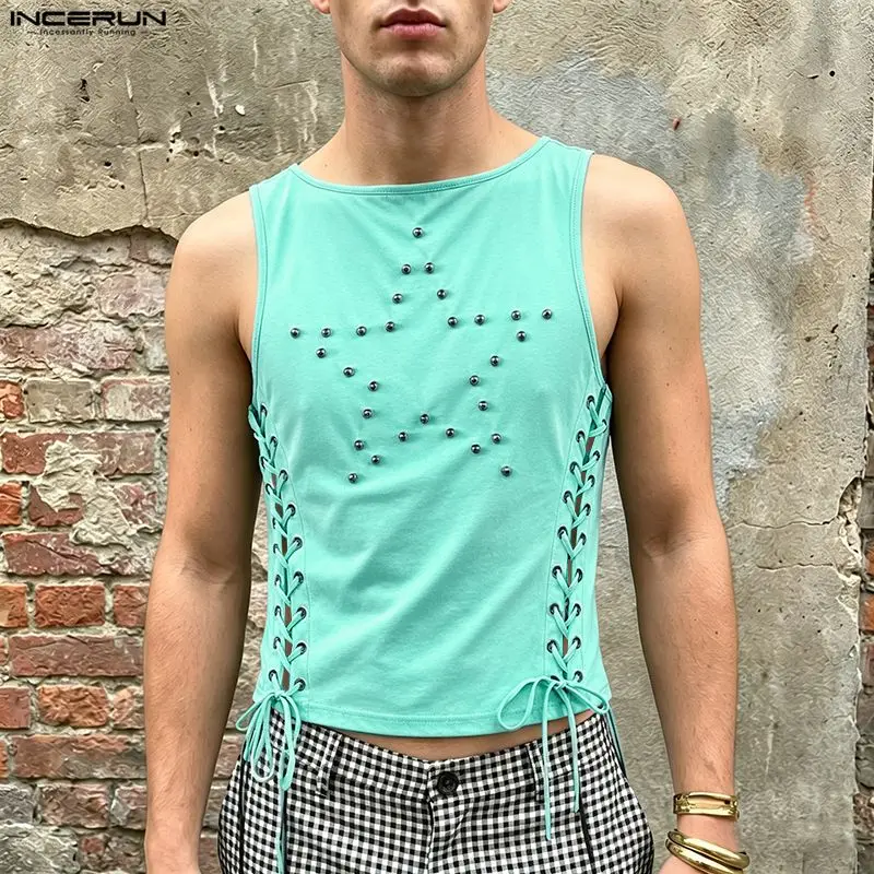 INCERUN Men Tank Tops Lace Up Hollow Out Sleeveless Male Vests Crop Tops Summer Streetwear 2026 Sexy Fashion Casual Men Clothes