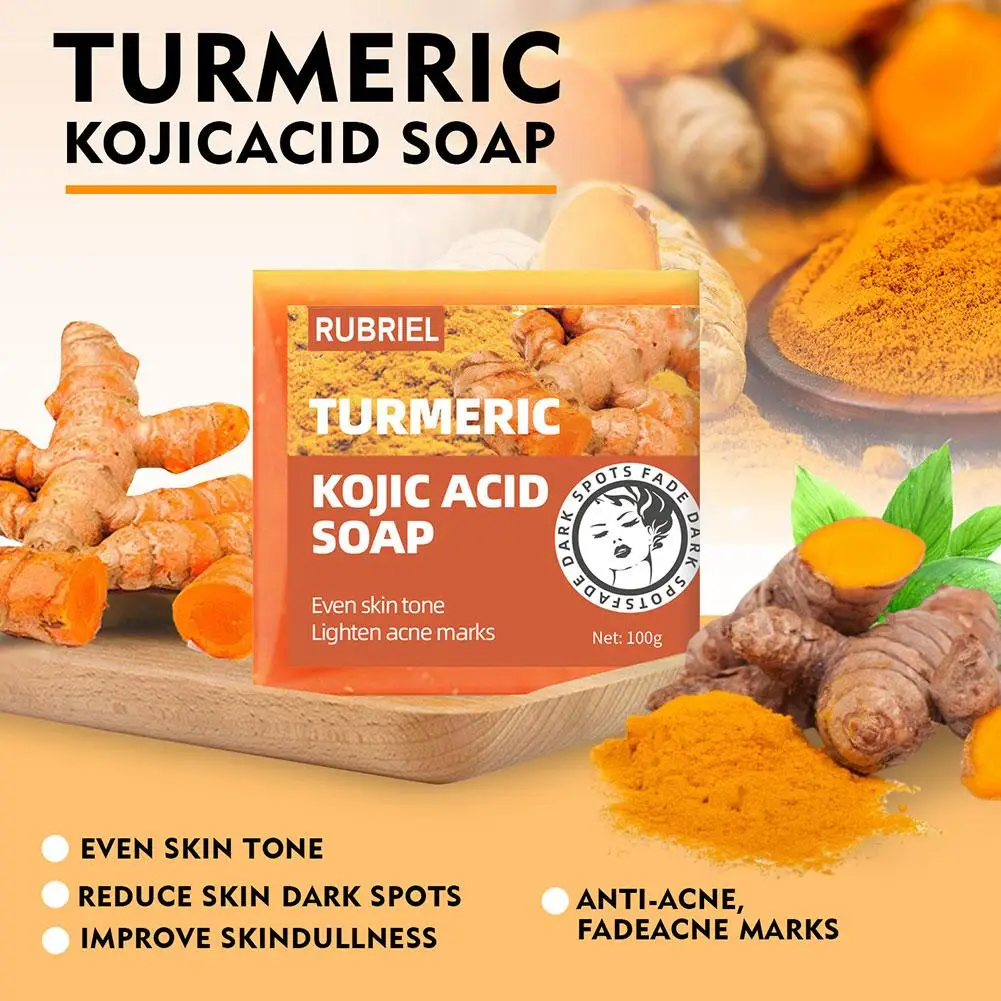 Açafrão Kójico ácido clareamento sabão, removedor de acne mancha escura, profundo tom de pele suave, limpeza artesanal, 100g, B4J9