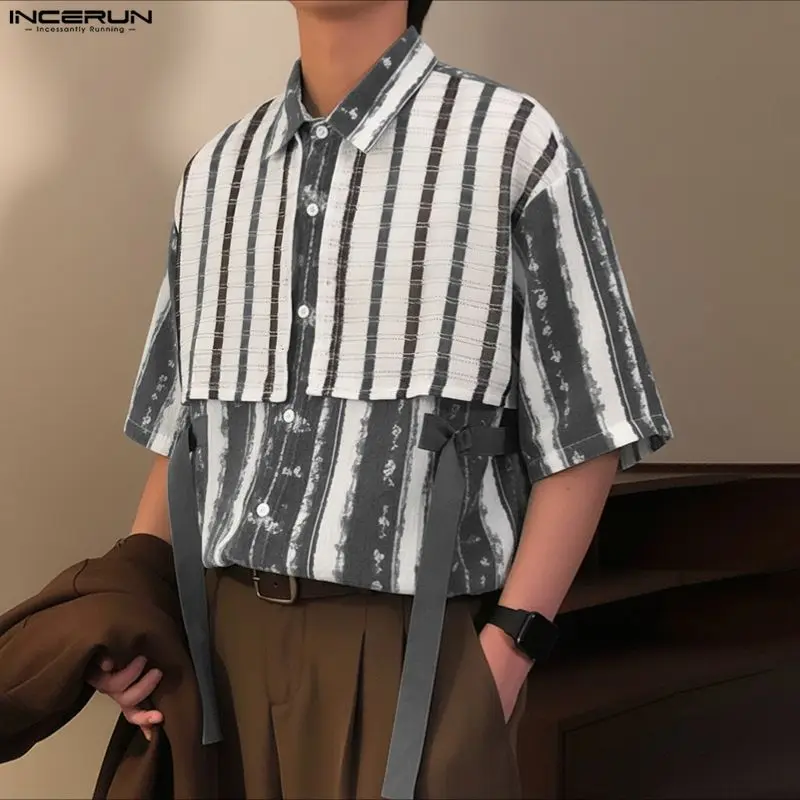 

INCERUN Мужская рубашка с принтом в стиле пэчворк с лацканами и половиной рукавов, мужская одежда, свободная уличная одежда с цветными блоками, повседневные топы, мужские рубашки