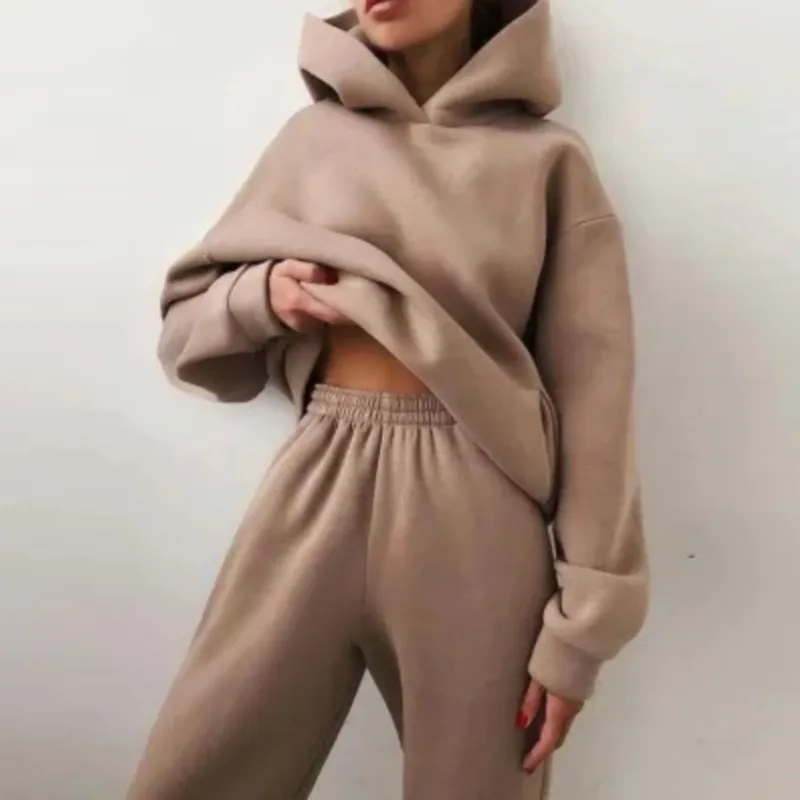 Damen-Hoodie mit langen Ärmeln, elastischem Bund, lange Hose, zweiteiliges Set, Herbst, lässige Mode, warm, einfarbig, lange Hosen-Sets