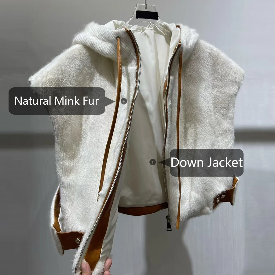 Doudoune courte avec capuche pour femme, veste en vraie fourrure de vison, bouffante en fourrure naturelle blanche, vêtements d'extérieur en fourrure véritable de haute qualité
