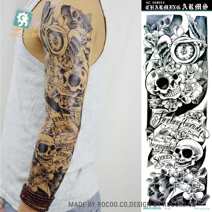 Rocooart-tatuaje de manga de brazo grande para hombres, Calaveras, Ángel, rosa, flor completa, arte corporal, tatuaje de niña, pegatina de tatuaje temporal impermeable