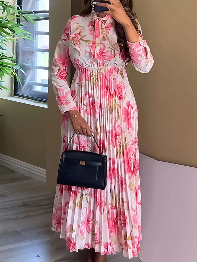 Femmes mode taille plissée robe de soirée motif élégant imprimé nœud à lacets robe longue 2025 Sexy col en v à manches longues robe de vacances