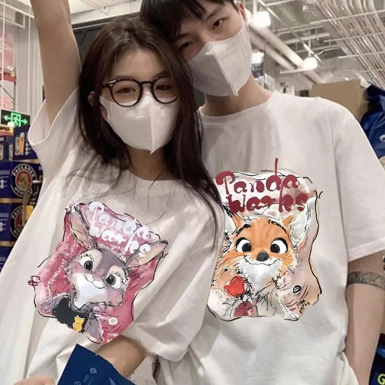 

Couple clothing rabbit fox cotton t-shirt short-sleeved men's and women's summer new niche design cartoon super fire T-top