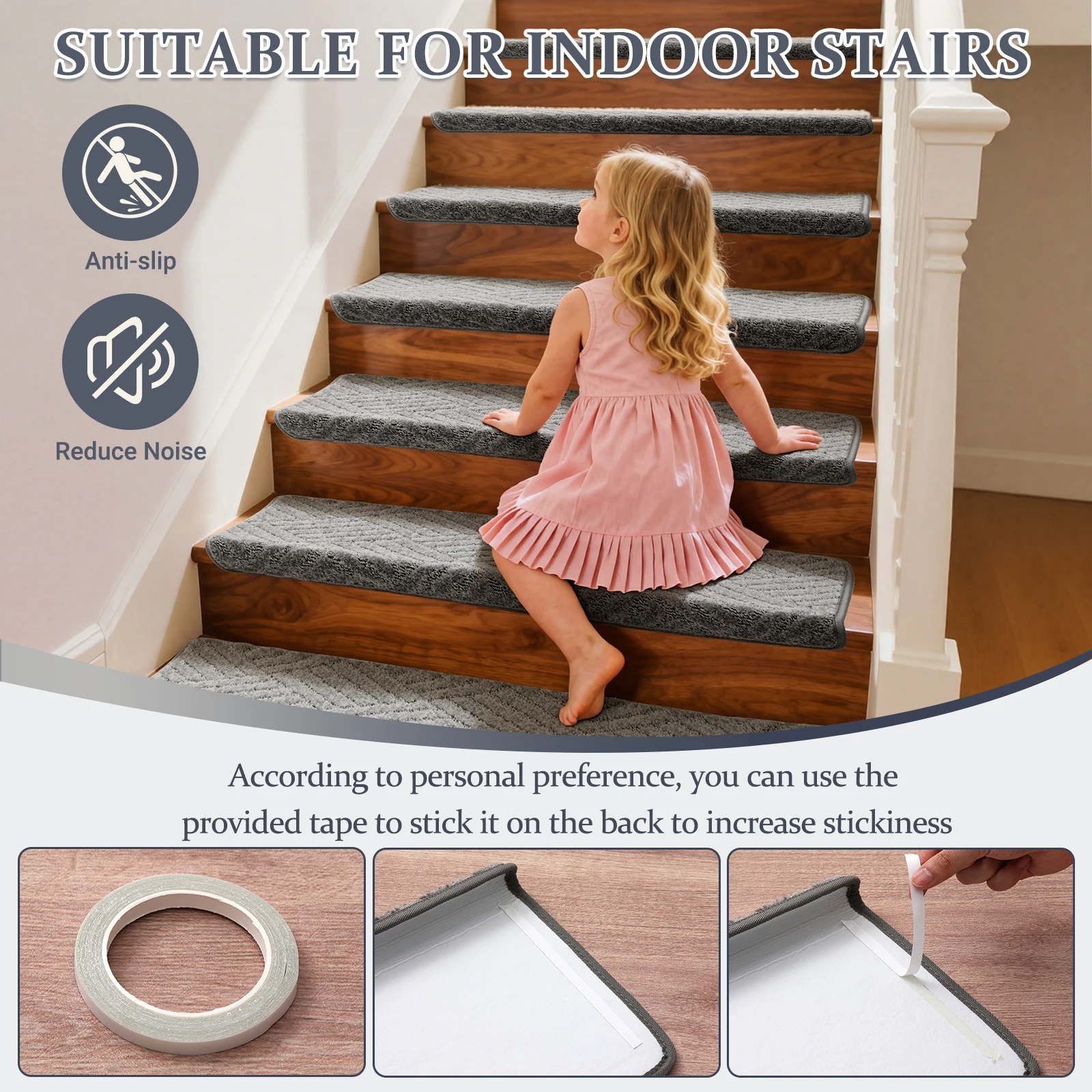 14 Pack Stair Rug Non-Slip 30 x 9.5 x 1.2 Inch Soft Reusable Peel and Stick Stair Mats for Indoor Wooden Steps Grey Diamond Pat