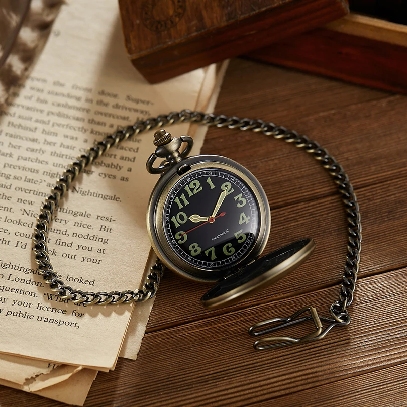 Mechanical Luminous Numbers Pointers Doctor Nurse Man Pocket Watch Smooth Case Male Black Bronze Luxury Fob Chain Clock for Men