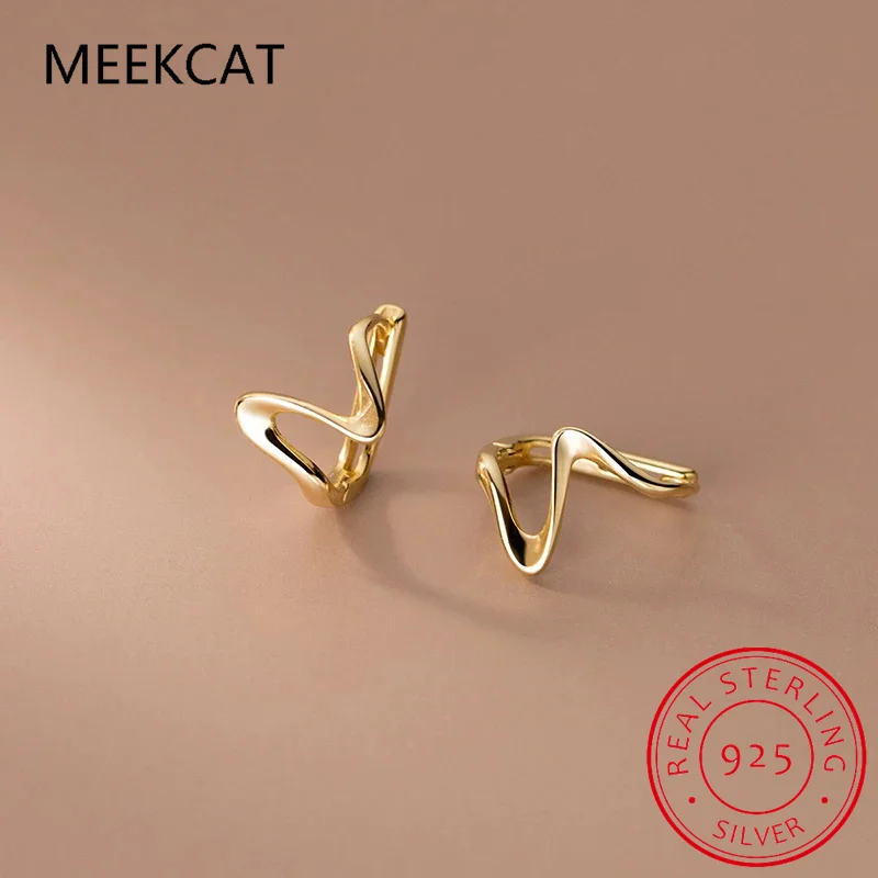 Real 925 Sterling Silver 18k Gold Irregular Wave Line Hoop Earrings Huggies For Charm Women Classic Fine Jewelry Accessories