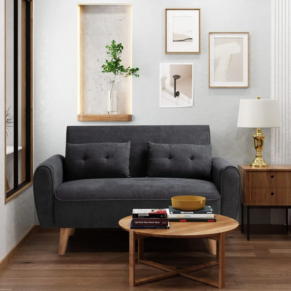 

Small Modern Loveseat Couch Sofa, Mid Century Fabric Upholstered 2-Seat, Studio, Apartment with 2 Pillows, Sofa