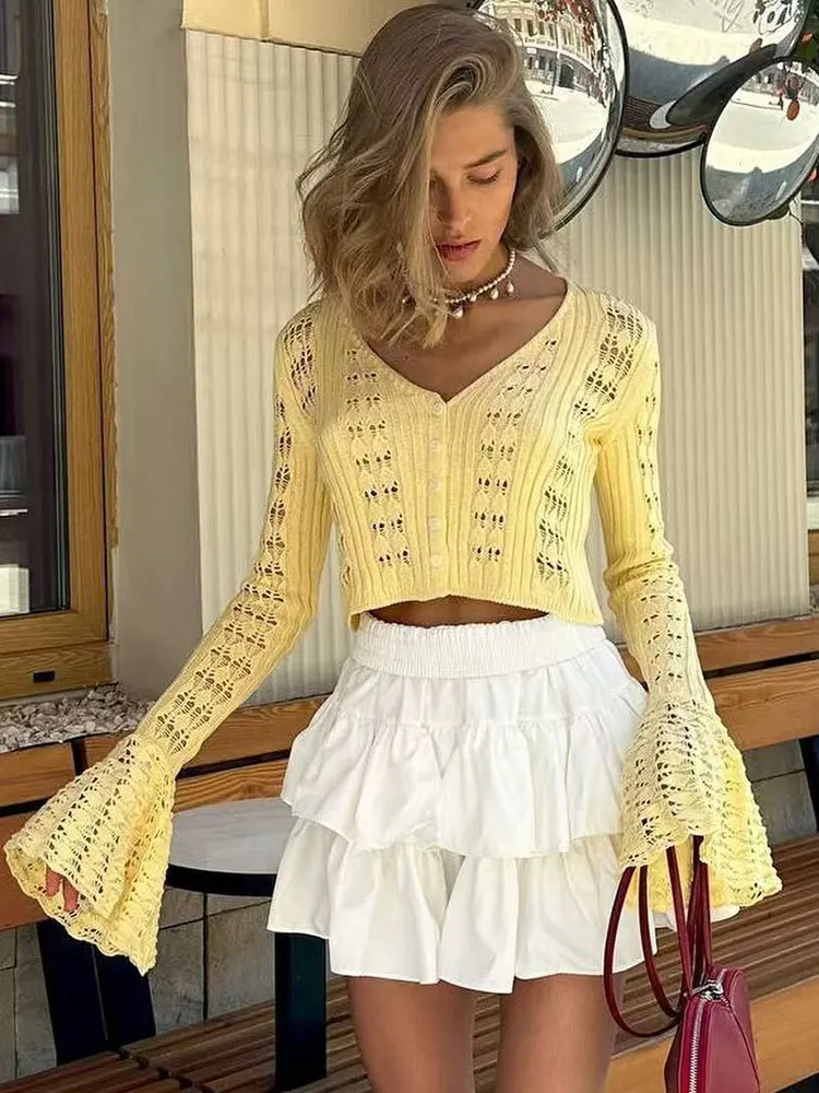 

GACVGA Summer Knit Long Sleeve Cardigan For Women V Neck Solid Silm Hollow Out Short Sweater Shirt Vacation Party Club Crop Top