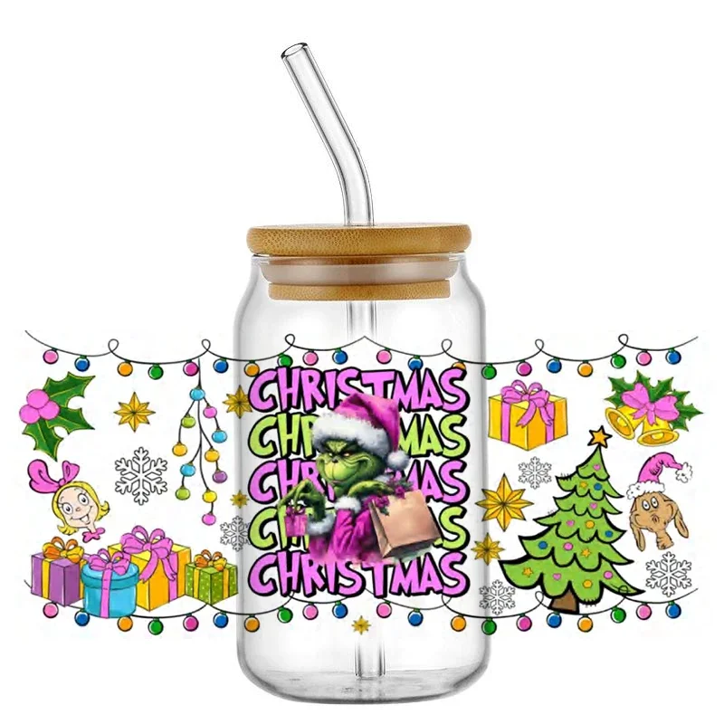 

Miniso Christmas Green Baby Character 16OZ Libbey Glass Cup Can Wrap Transfer Stickers DIY Gift UV DTF Sticker Wraps