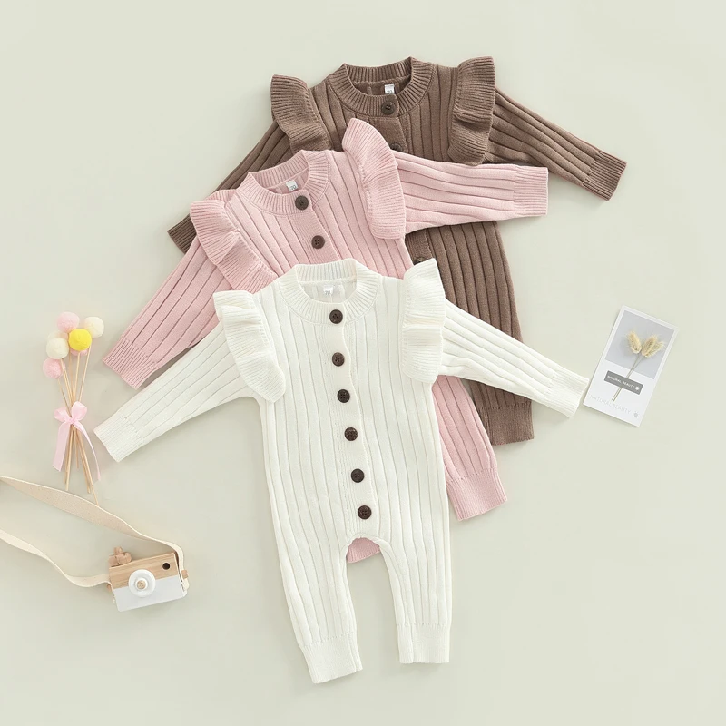 2022-07-08 Lioraitiin 0-18M Baby Girl’s Knitted Long Sleeve Jumpsuit Fashion Solid Round Neck Button Casual Long Romper