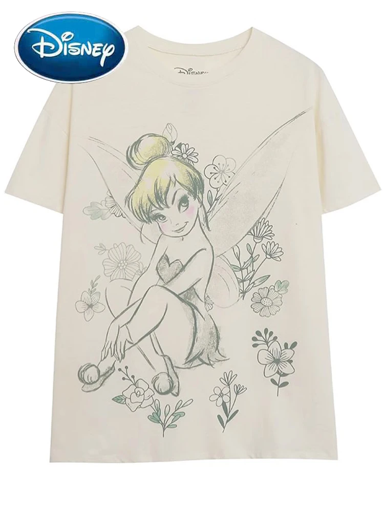 

Disney T-Shirt FAIRIES Peter Pan Sketch Tinkerbell Flowers Cartoon Print Fashion 2024 Women O-Neck Pullover Short Sleeve Tee Top