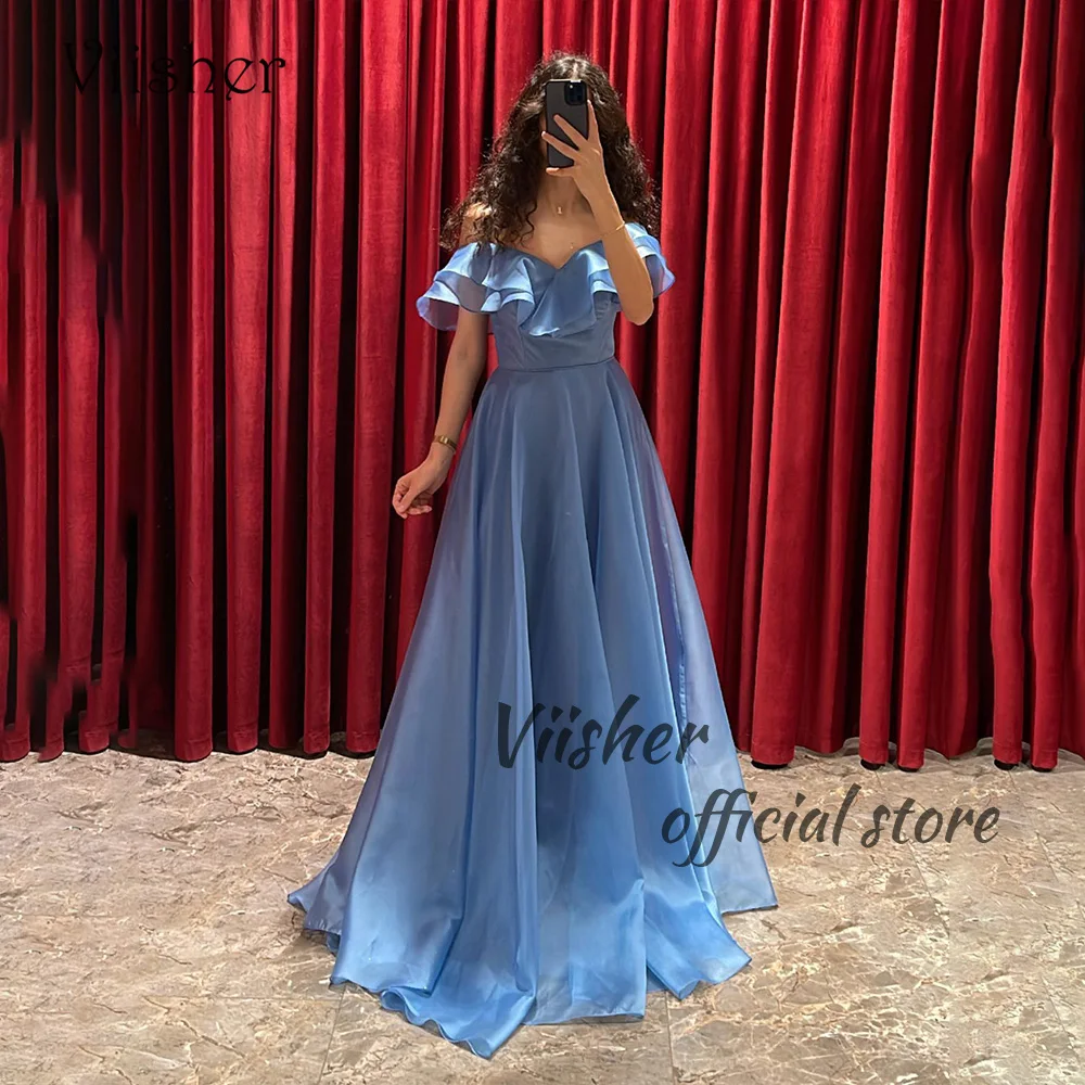 

Viisher Blue Organza A Line Evening Dresses Off Shoulder Long Arabic Dubai Prom Party Dress with Train Evening Gowns