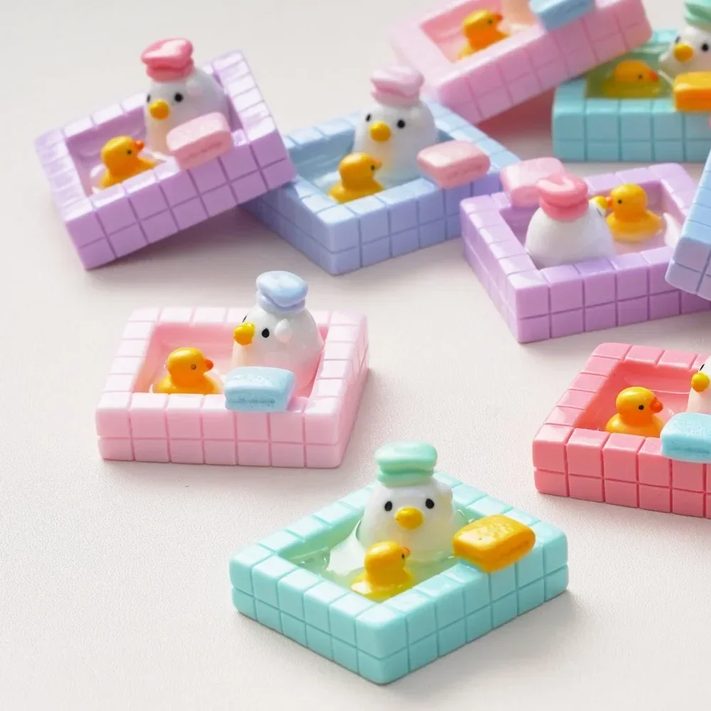 Kawaii Bathing Duck Figurines Cartoon Duck Soak in Hot Springs Resin Miniatures Micro-landscape Decorations