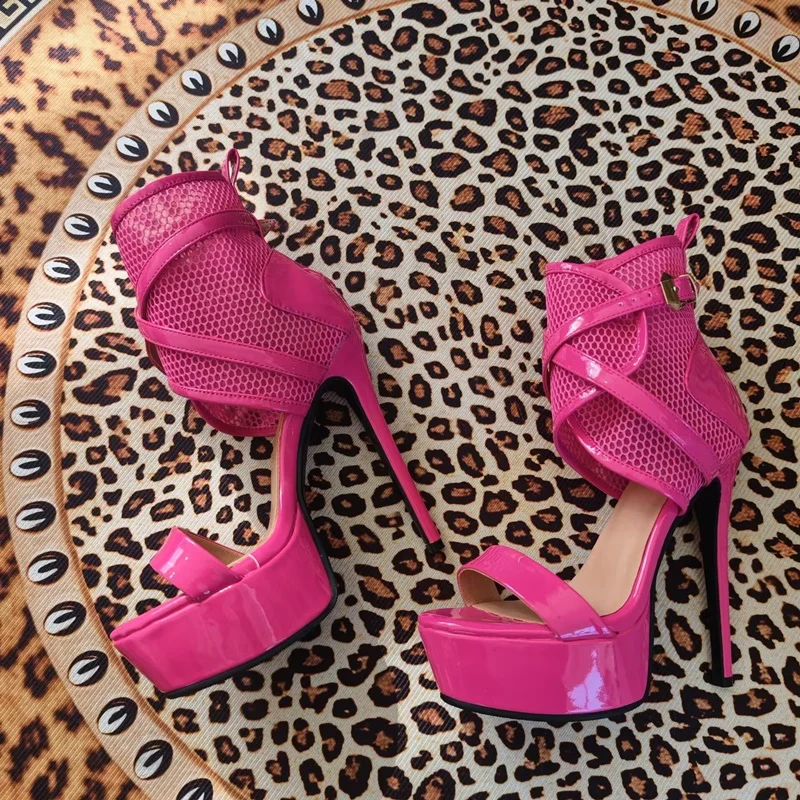 Sandalias de tacón alto con plataforma de malla fucsia y patchwork, estilo peep toe, con múltiples hebillas y correa al tobillo, tipo stilettos, para discoteca, fiesta, vestido, tallas grandes.