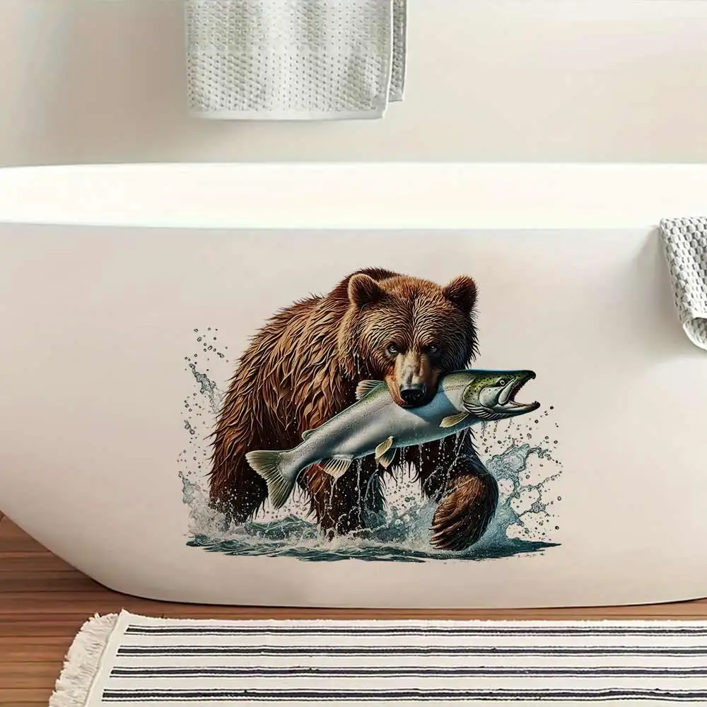 Grizzly Bear Catching Salmon Stickers Decoration for Living Room, Wall, Bedroom, Toilet and Home Decor Waterproof Decals M1599