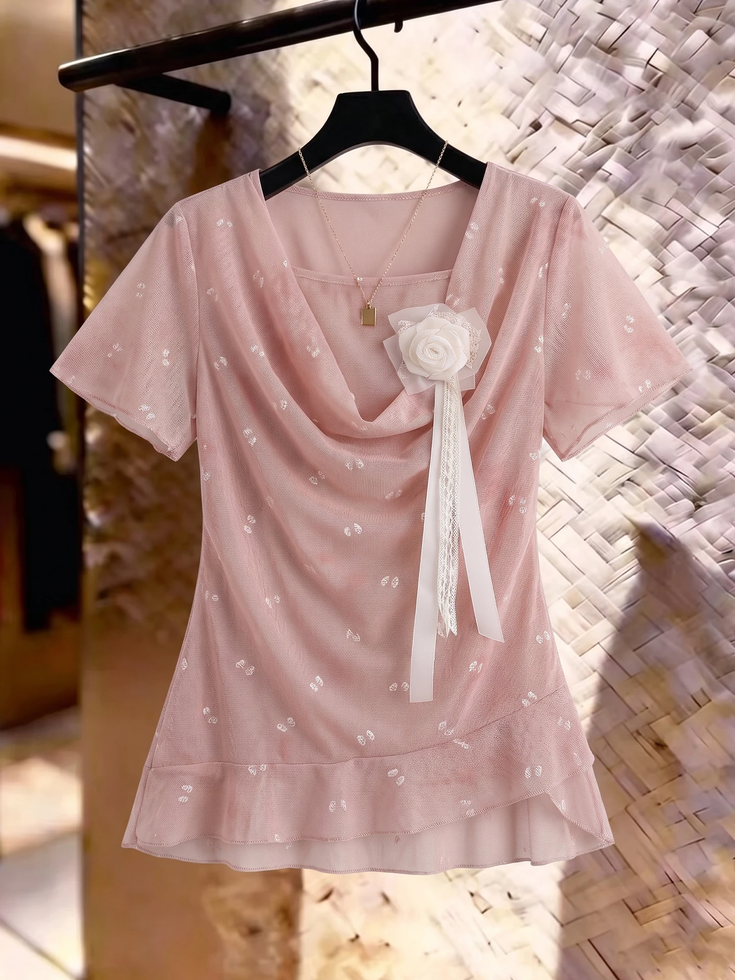 

Summer Trendy Design Short Sleeve T-Shirt Korean Style Sweet Neck Top Women's Casual Fashion Straight Cut Inner Wear