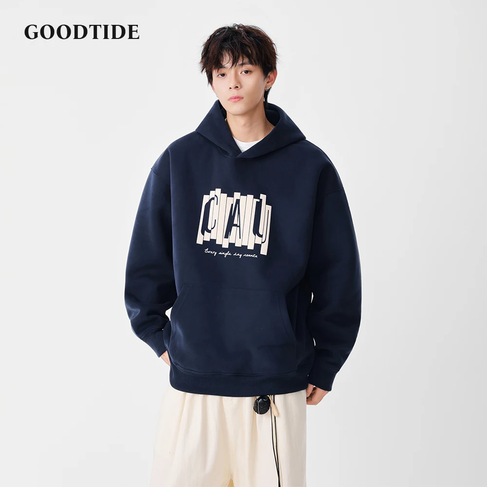 

Модная мужская повседневная толстовка с капюшоном, зима 2025, новый графический буквенный принт и передний карман, свободный крой, мужской пуловер, повседневная одежда, топ