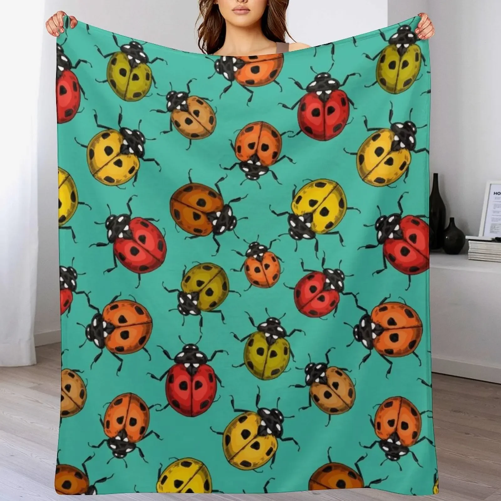 Colorful ladybugs on turquoise Throw Blanket Stuffeds Thins Blankets