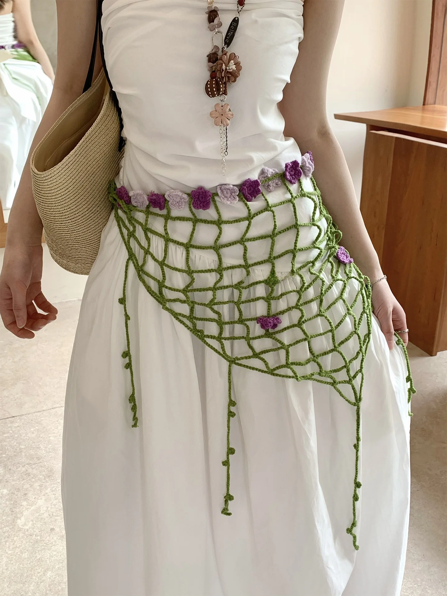 Korean Style Hollow out Knitted  Scarf Women's Spring Summer Skirt Accessory Belt Loop Hollow Flower Design Hanging C...