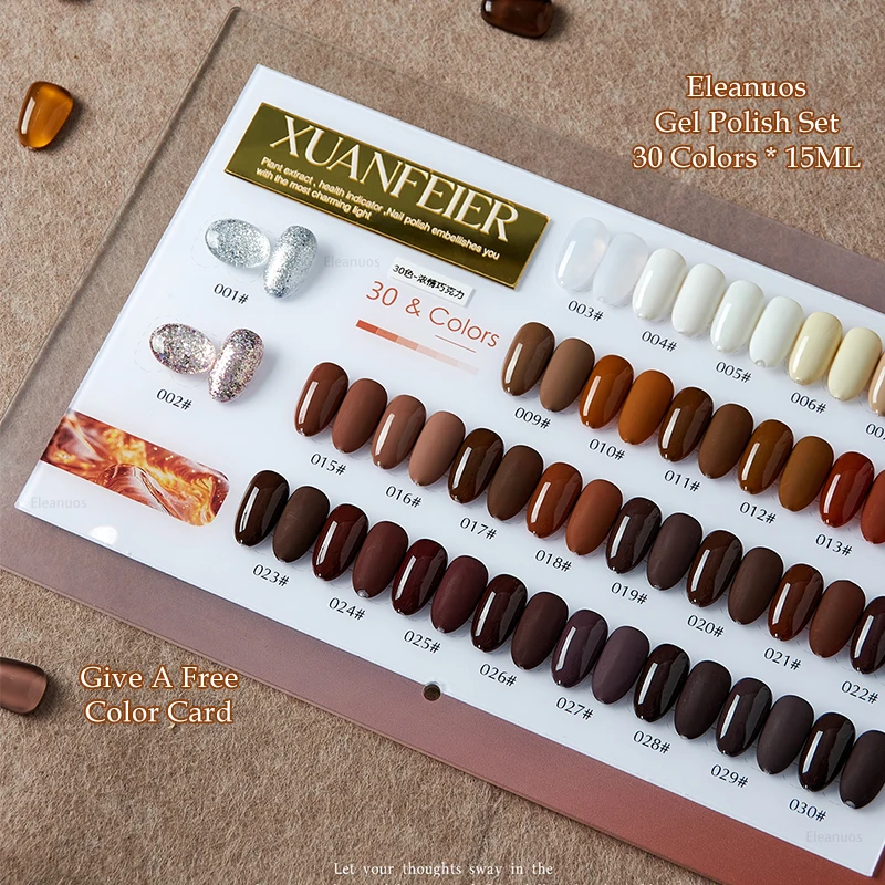 Eleanuos Schokoladengel, poliert, 30 Stück, gemischt, durchsichtig, braun, einfarbig, langlebig, UV-LED-Grundierung, Finish, Salon-Set, Ahornnägel, 15 ml