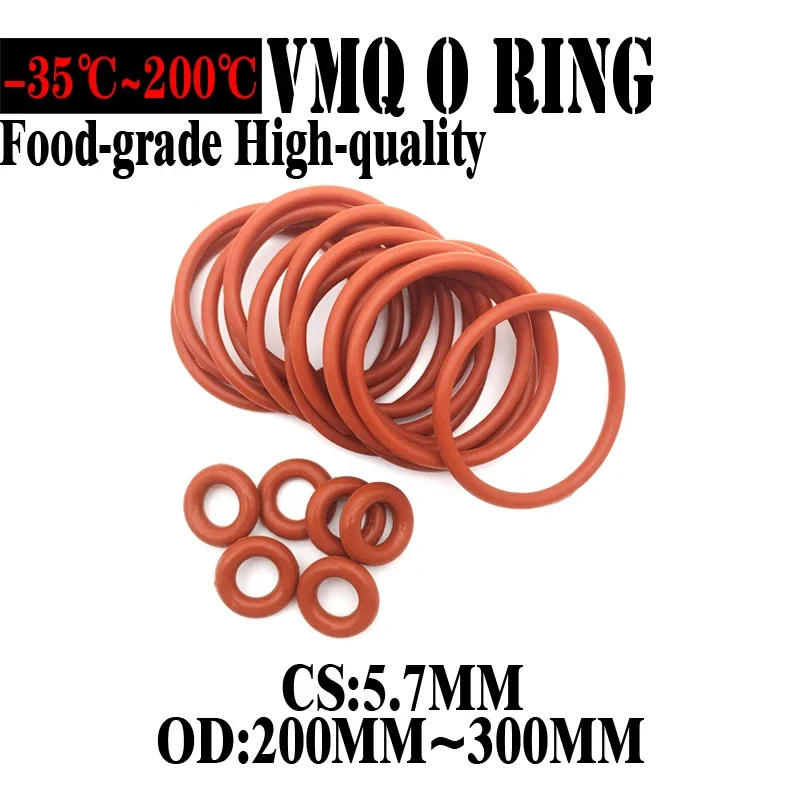 

5pcs VMQ O Ring Seal Gasket Thickness CS 5.7mm OD 200~300mm Silicone Insulated Rubber Spacer Oil Resistance Washer Round Shape