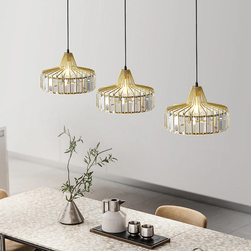 Nordic Crystal LED Pendant Light Retro Gold 2/3 Head Dining Room Hanging Fixture For Living Room Bedroom Indoor E27 Decor Lamp