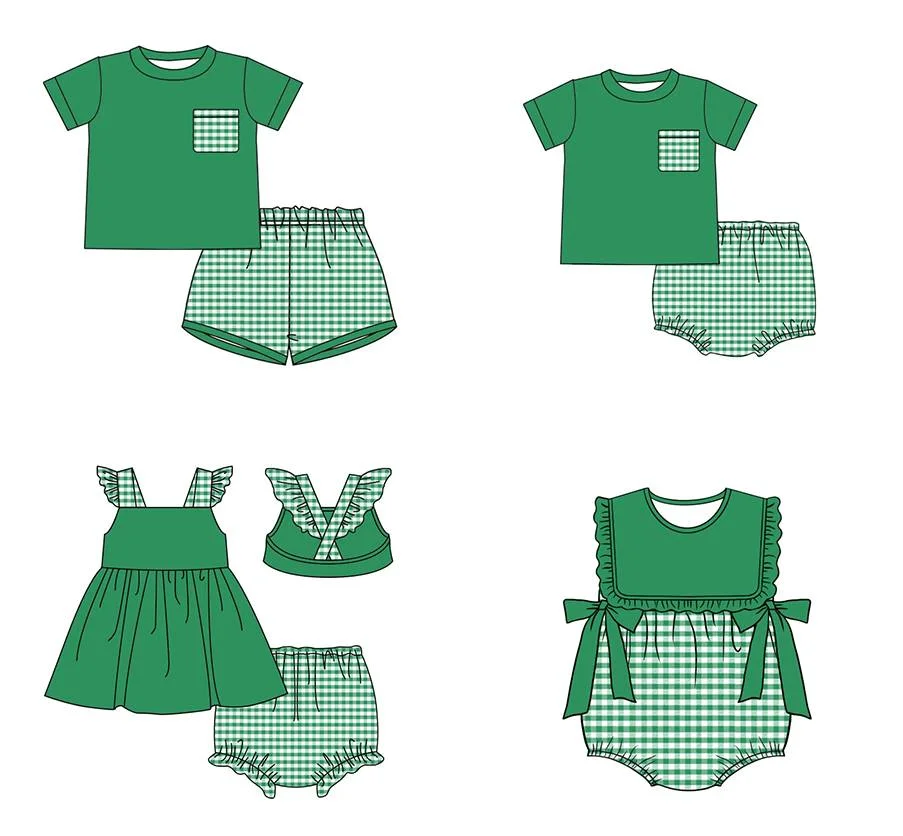 

Hot sale summer boutique children suit suspenders plaid shorts lace girls boys shorts plaid suit baby sleeveless jumpsuit