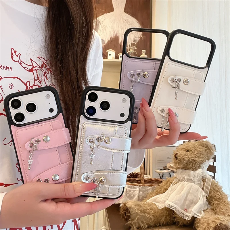 

Y2K Style Leather Card Holder Phone Case For iPhone 17 Pro 16 15 Max With Star Chain Rivet Detail Shockproof Kawaii Protective C
