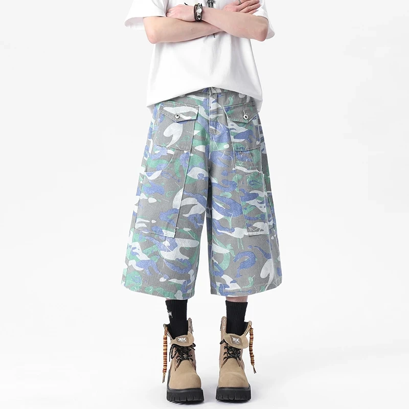 

Мужская рабочая одежда, брюки до колена, синие, зеленые, серые, с камуфляжным принтом, модные широкие шорты, летние шикарные новые шорты