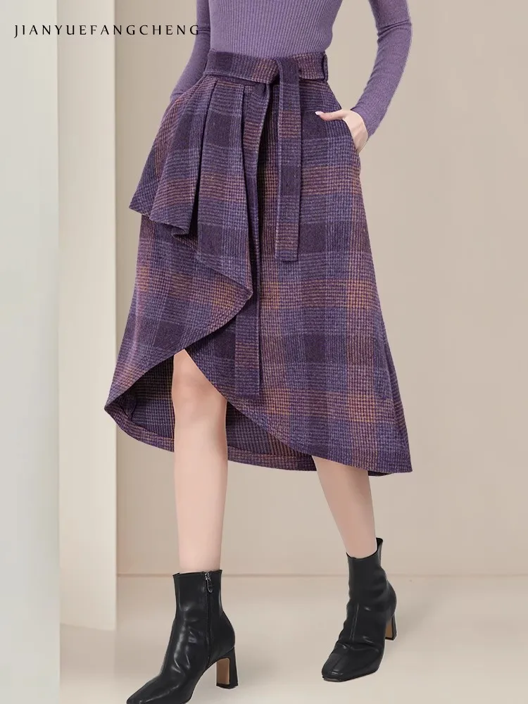 Fashion Purple Checkered Woolen Skirt For Winter Womens High Waist A-line Asymmetrical Lace-up Mid-length Casual Vintage Skirts