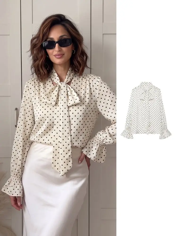 HH Vintage Polka Dot Satin Blouse Women Bow Tie Neck Long Ruffle Flare Sleeve White Shirt Daily Street Brunch Romantic Outfit