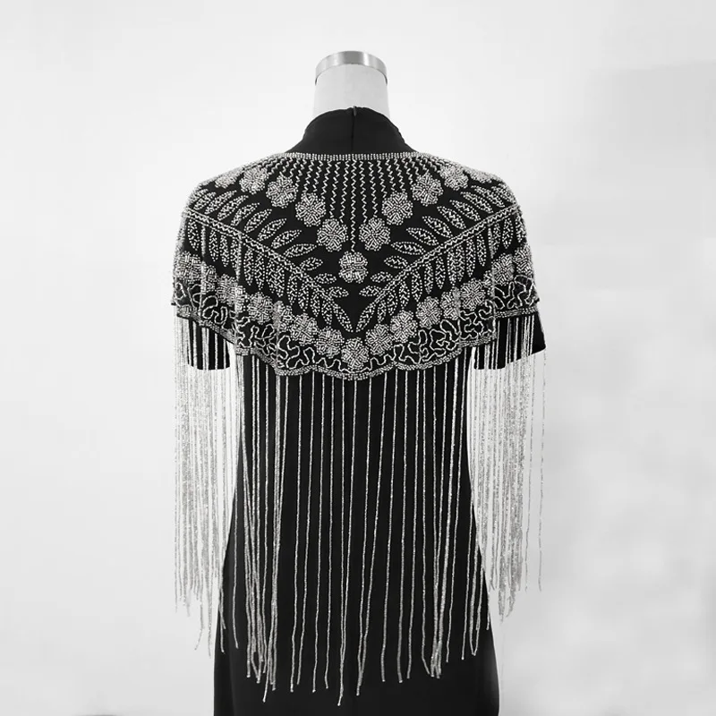 Vintage Chinese Cloud Shoulder Capelet Hand Beaded Long Tassel Shawl Luxury Sequined Fringe Shrug Bridal Wedding Cheongsam Hanfu
