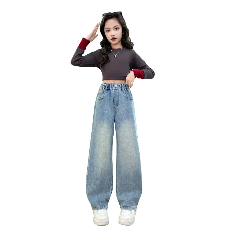 Teenager Girl New Spring Fashion Denim Pants Korean Children Loose Fit Jeans For Kids Casual Straight Cut Jeans Trousers 4-14Y