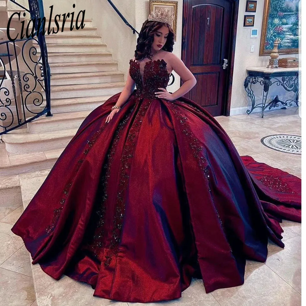 Gorgeous Burgundy Quinceanera Dresses for 15 Year 2023 Ball Gown Sexy V Neck Off the Shoulder Long Party Dress for Girl